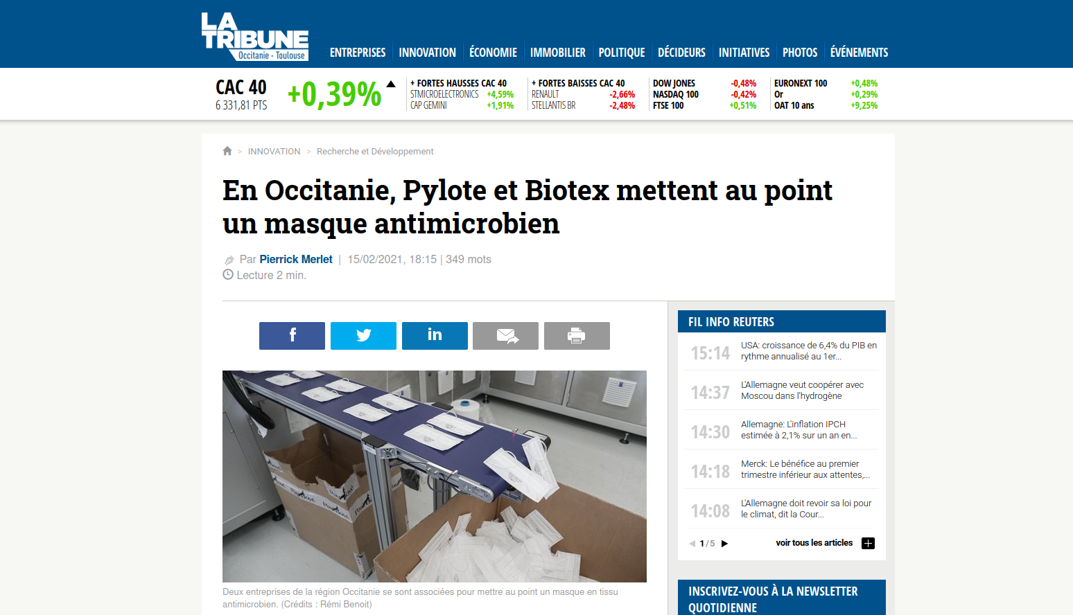 Pylote et Biotex mettent au point un masque antimicrobien